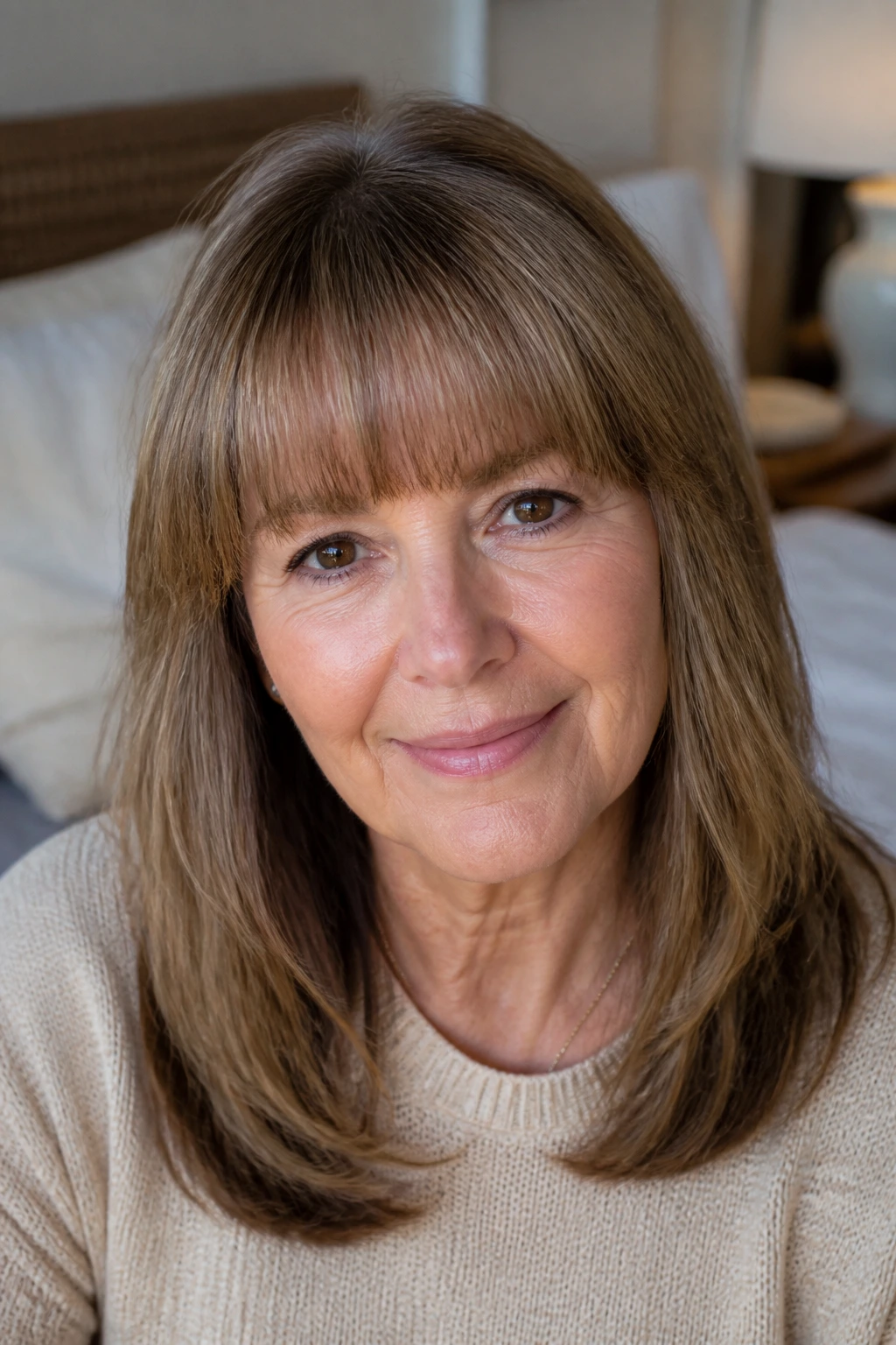Close-up of a real woman with rounded full bangs and soft corners in a cozy bedroom