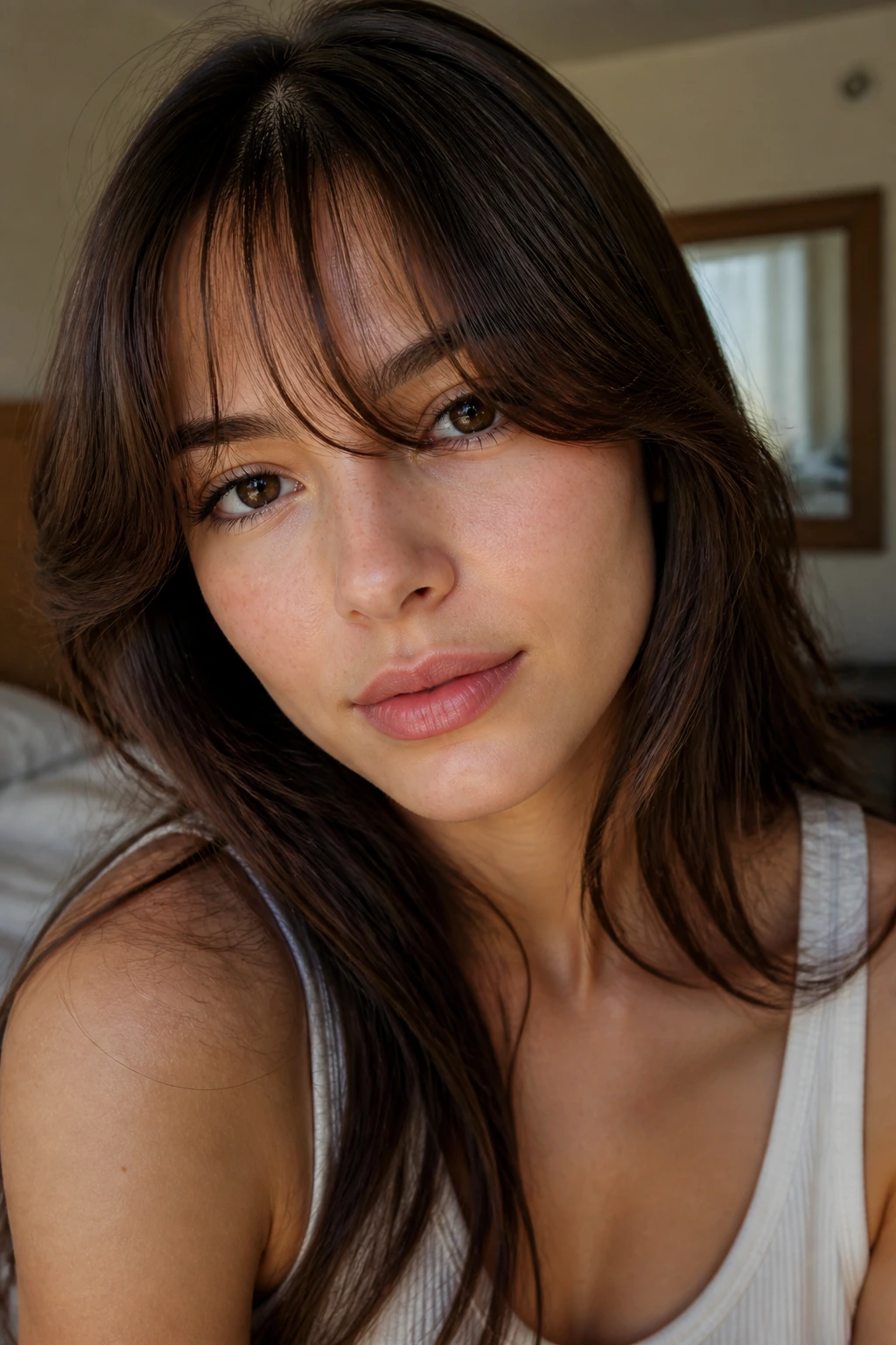 Close-up of a real woman with rounded bangs curving under the eyes in soft window light
