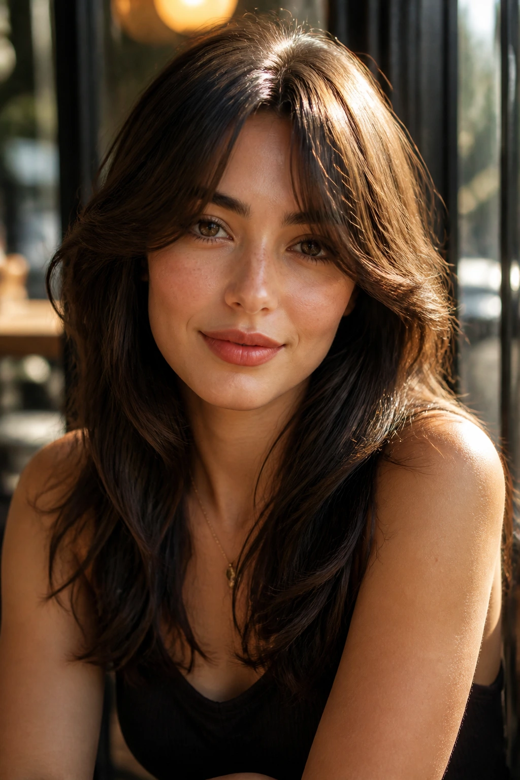 Close-up of a real woman with rounded Bardot bangs in warm cafe light