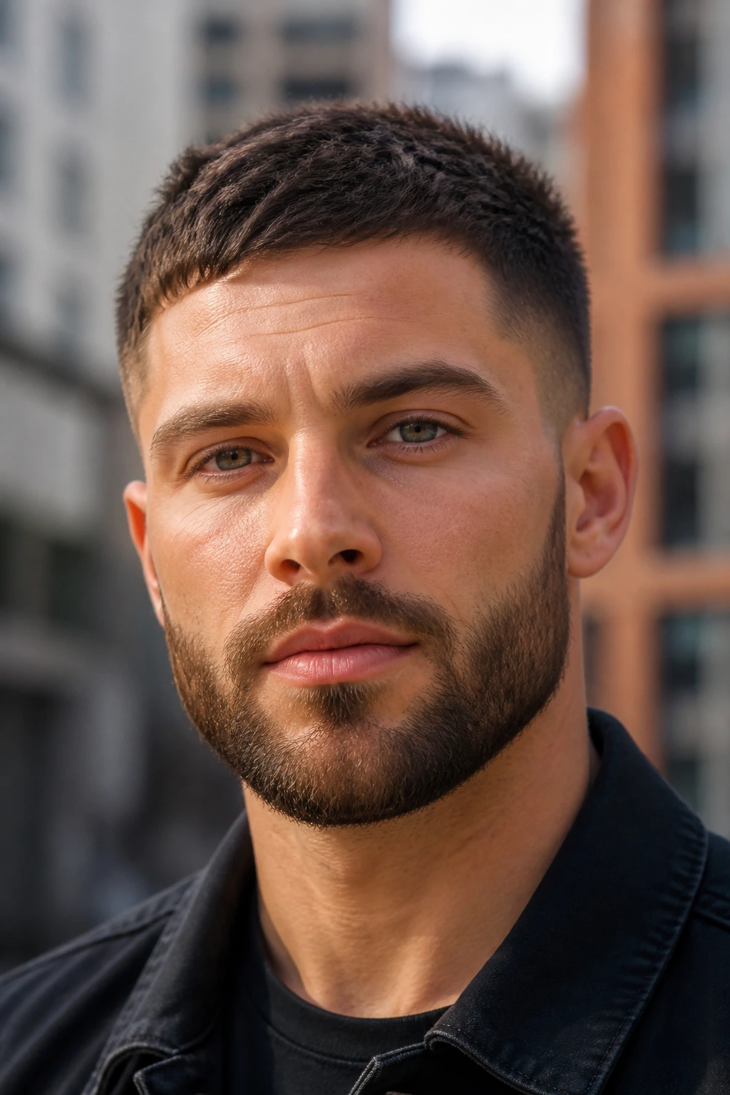 Close-up portrait of a man with a rounded beard and angular jaw