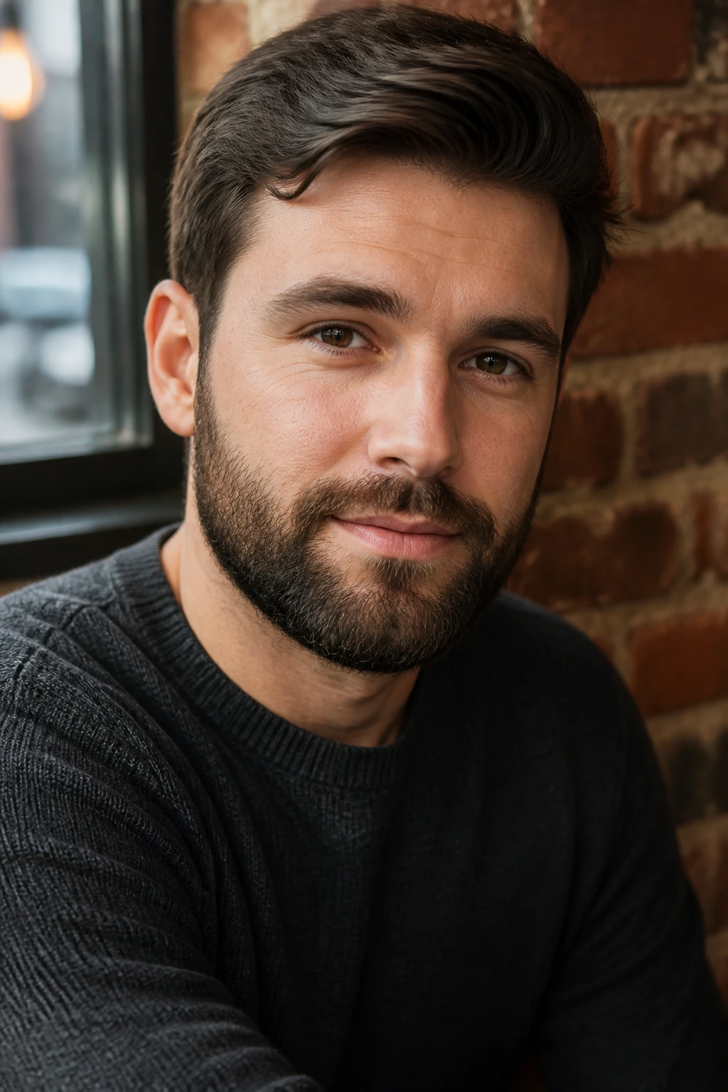 Close-up of a man with a rounded beard in a warm cafe setting