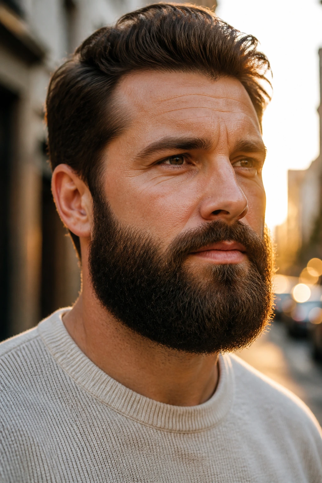 Close-up of a man with rounded beard on a city street at golden hour