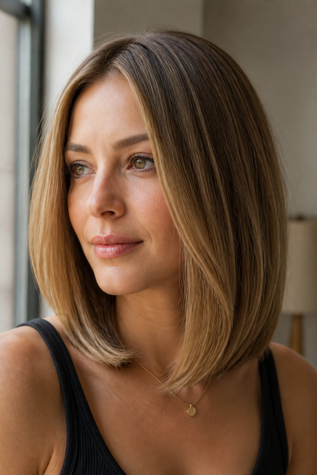 Close-up portrait of a real woman with rounded beveled lob