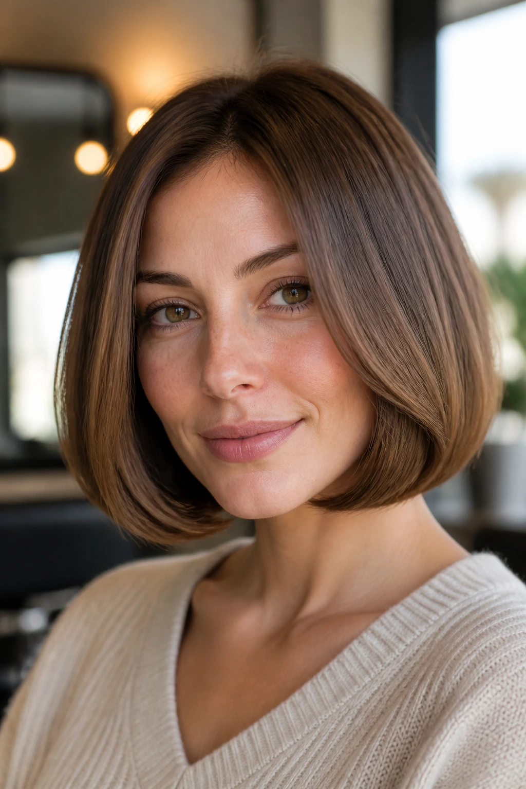 Close-up of a real woman with a rounded blow-dry bob and soft jawline curve.