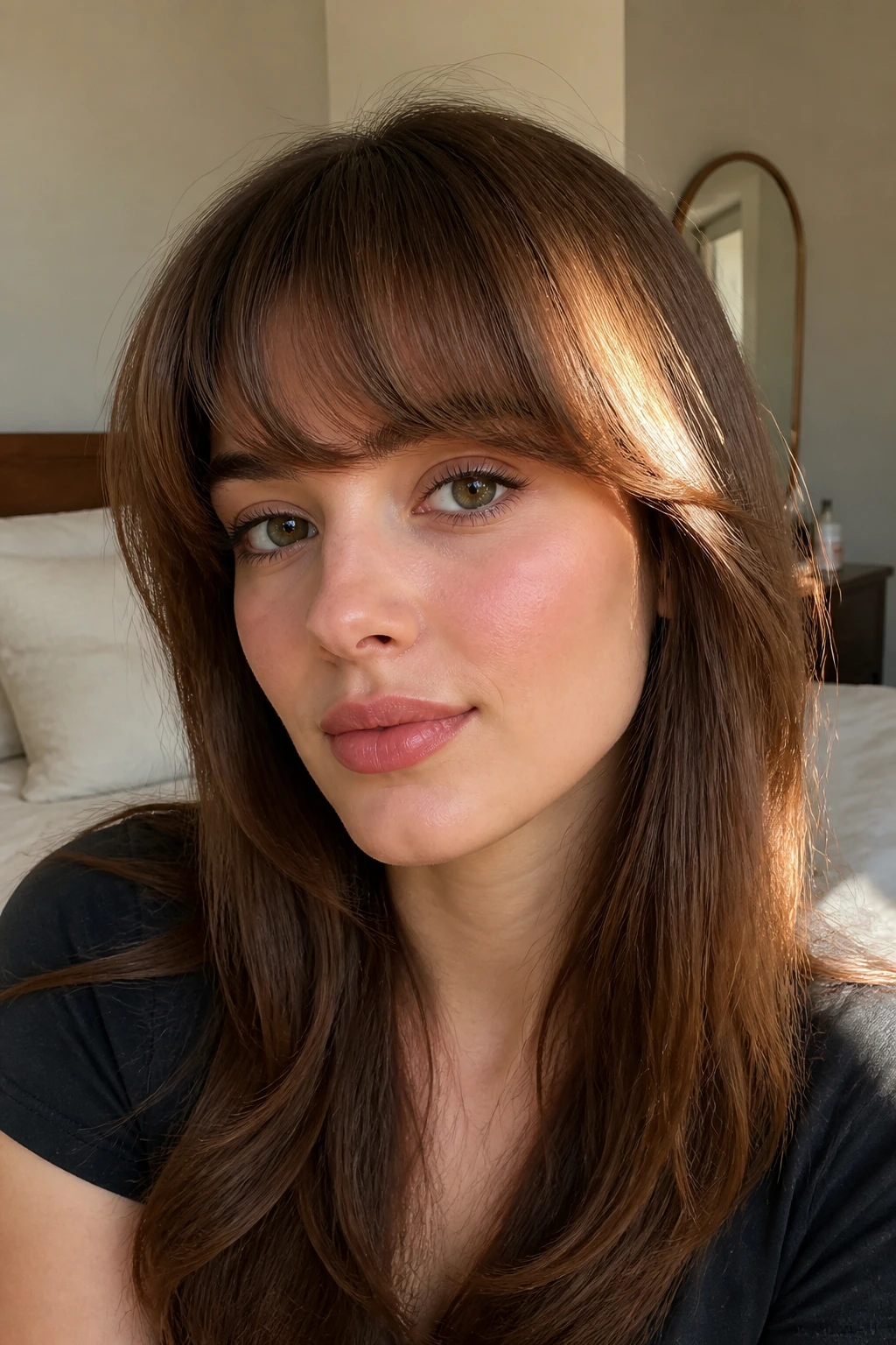 Close-up of a woman with rounded blowout bangs forming a soft arc.
