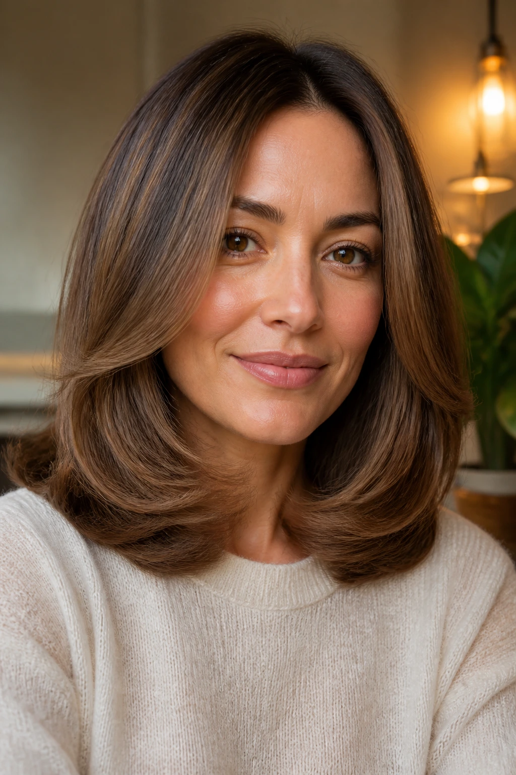 Close-up of a woman with a rounded blowout and beveled ends on shoulder-length hair