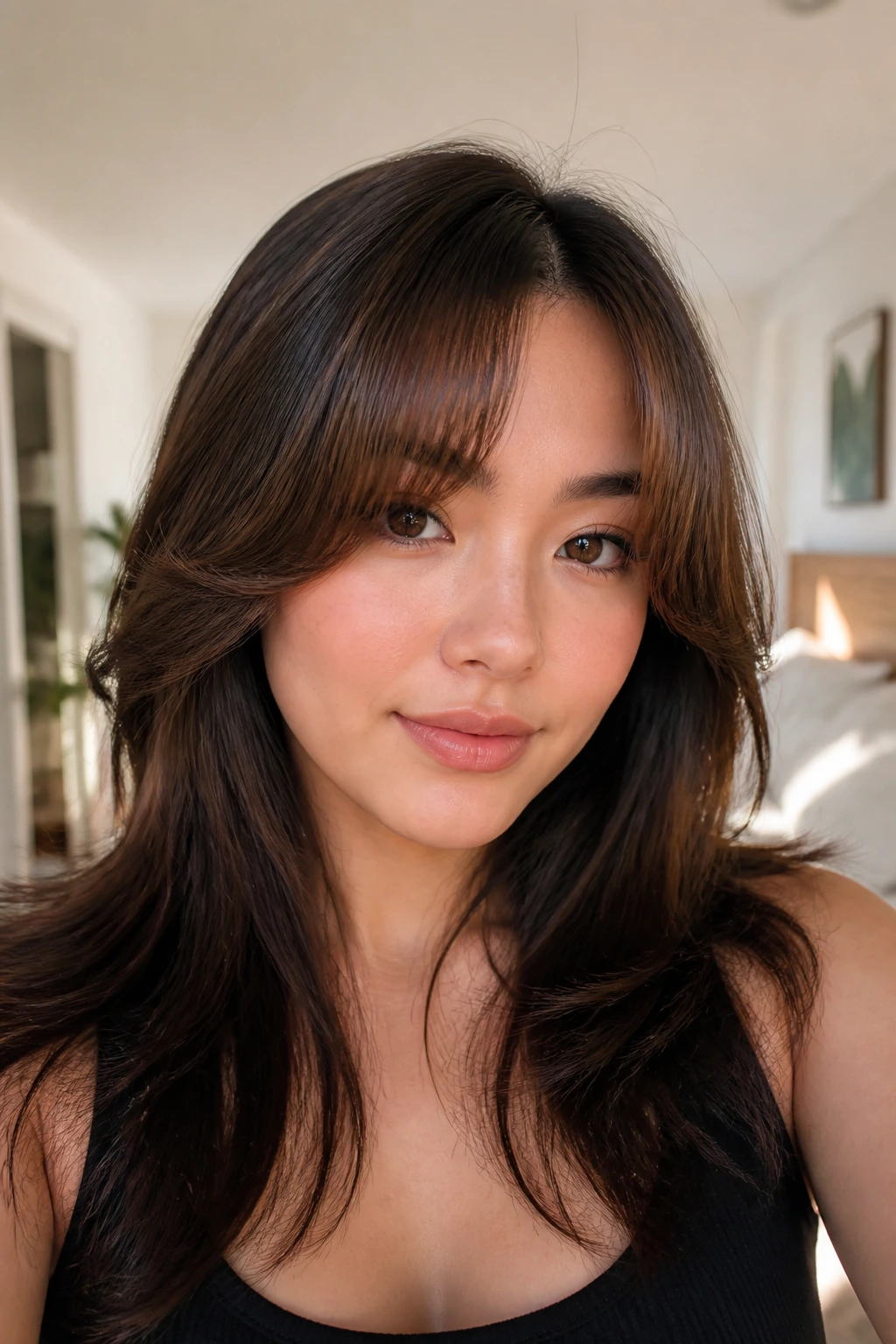 Portrait of a woman with rounded blowout bottleneck bangs