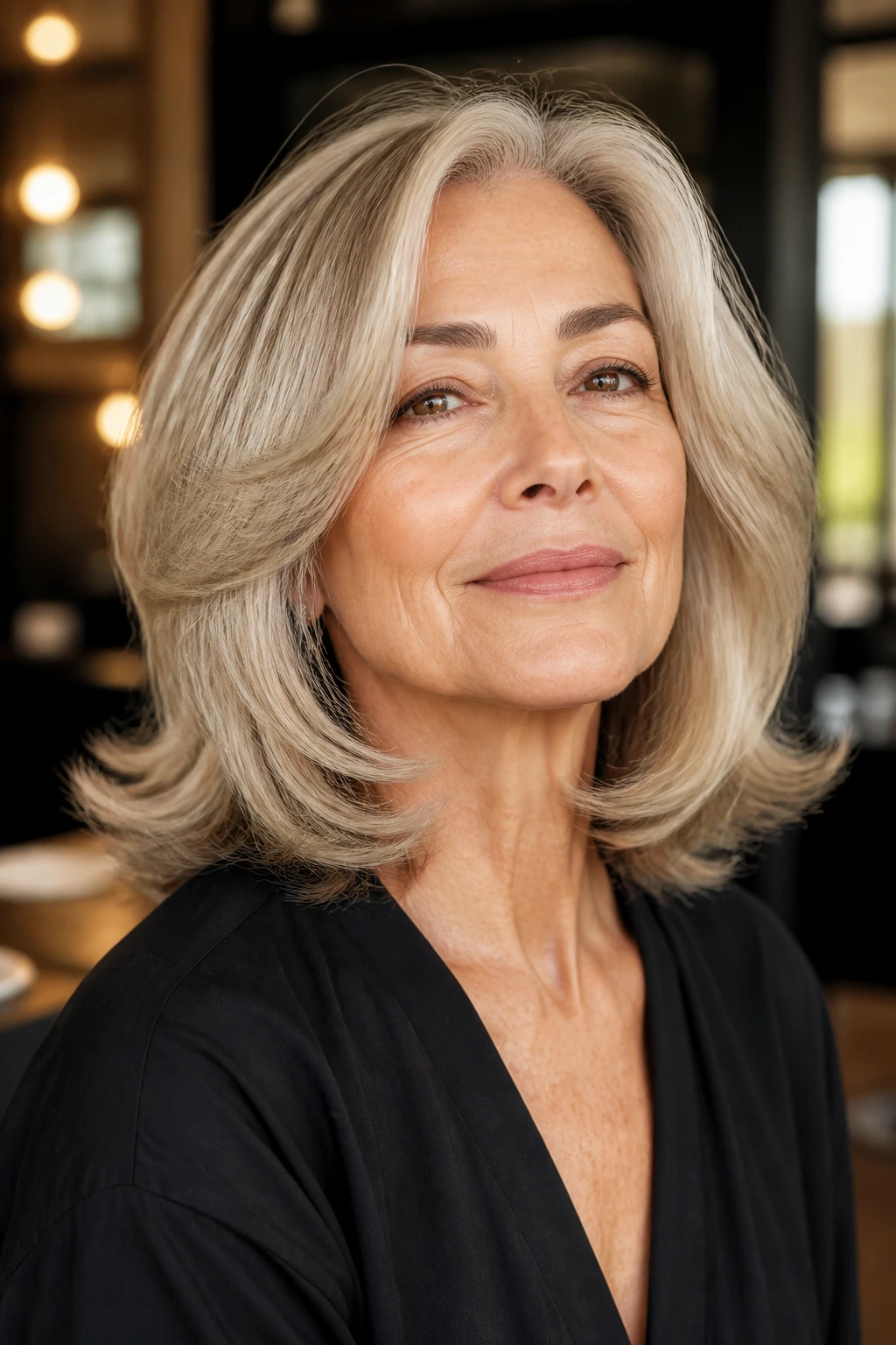 Close-up of a mature woman with rounded blowout layers and lifted crown in warm salon light