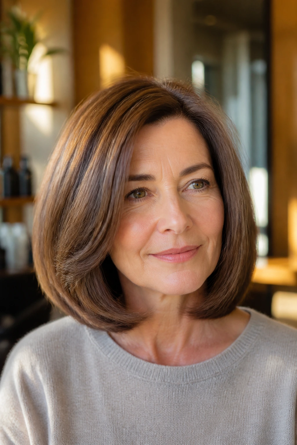 Close-up of a real woman with a rounded blowout lob in soft brown