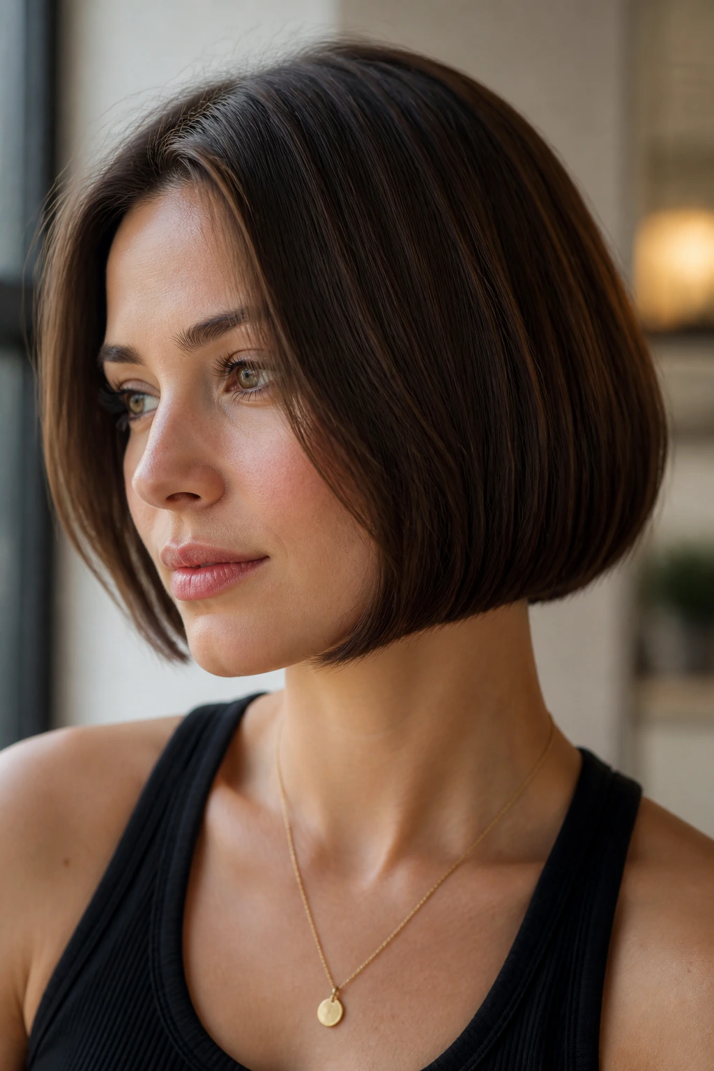 Front portrait of a real woman with ends curved inward in rounded blunt bob