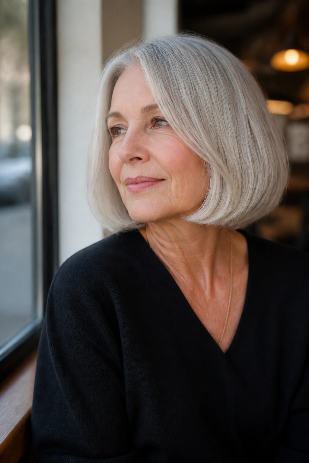 Portrait of a real woman with a rounded blunt bob and soft ends, in cafe window light.