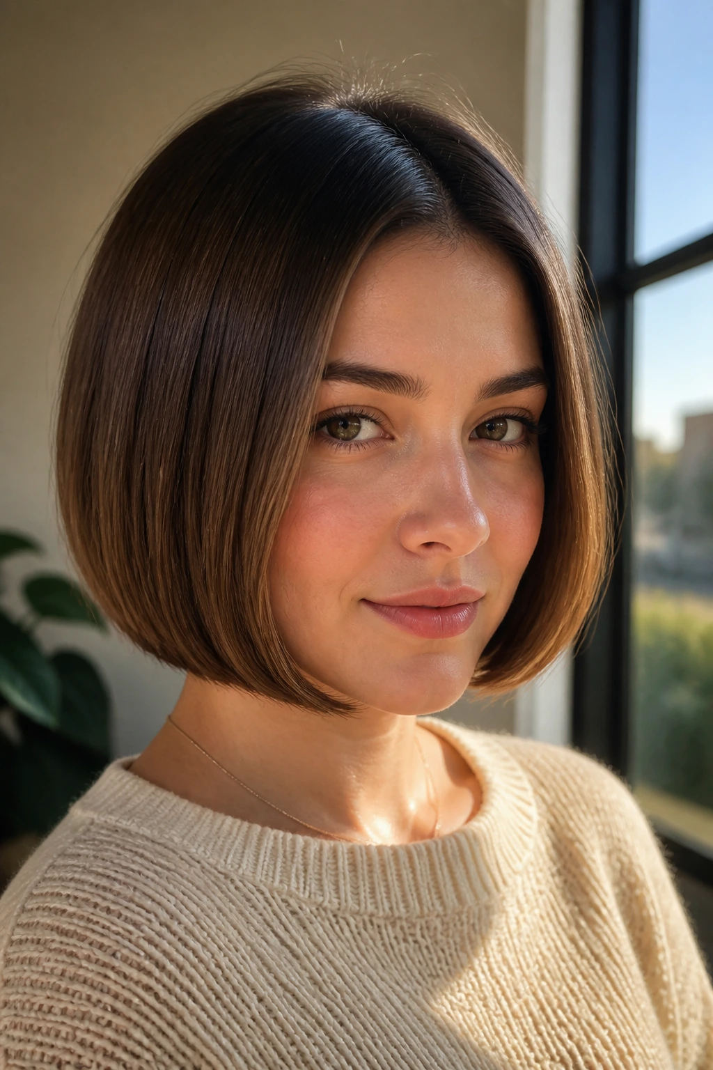 Close-up portrait of a real woman with a rounded blunt bob showing curved inward ends and a polished silhouette.