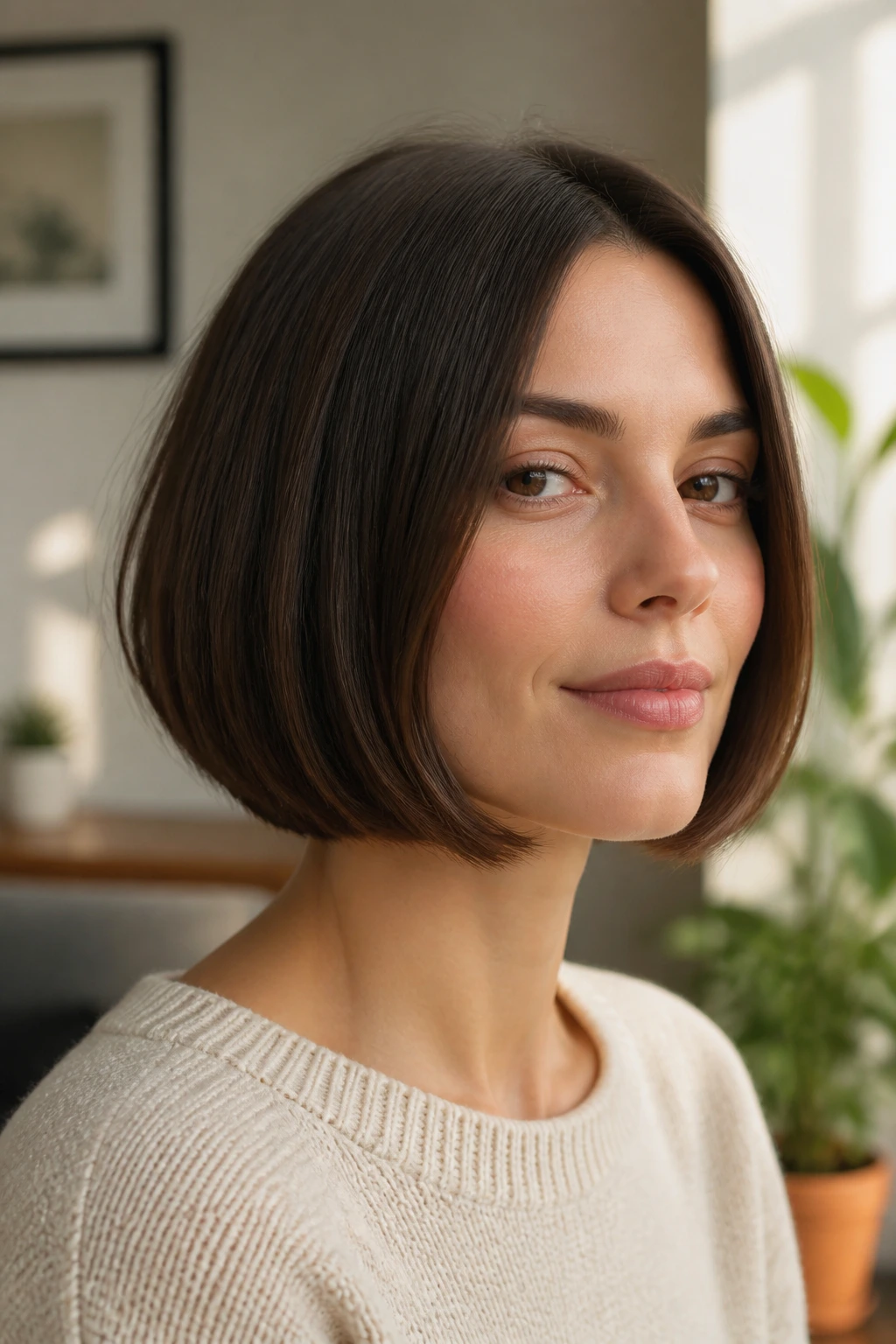 Close-up portrait of a real woman with a rounded blunt bob