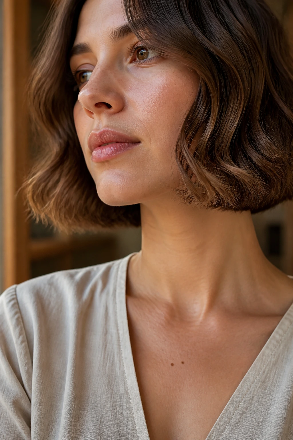 Close-up portrait of a real woman with a rounded bob hugging the jaw