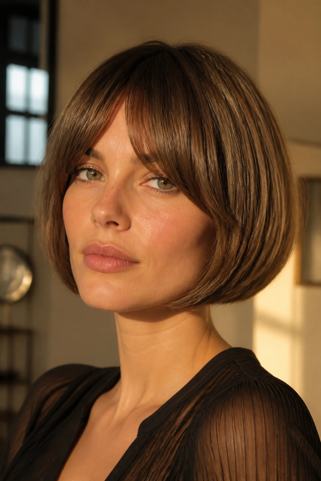 Close-up portrait of a real woman with a rounded bob and arc bangs in a golden-hour interior.