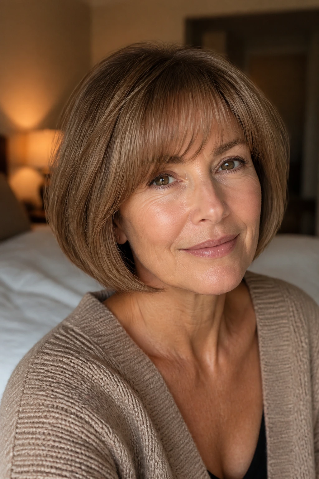 Real woman with rounded bob and soft arc fringe in warm indoor light