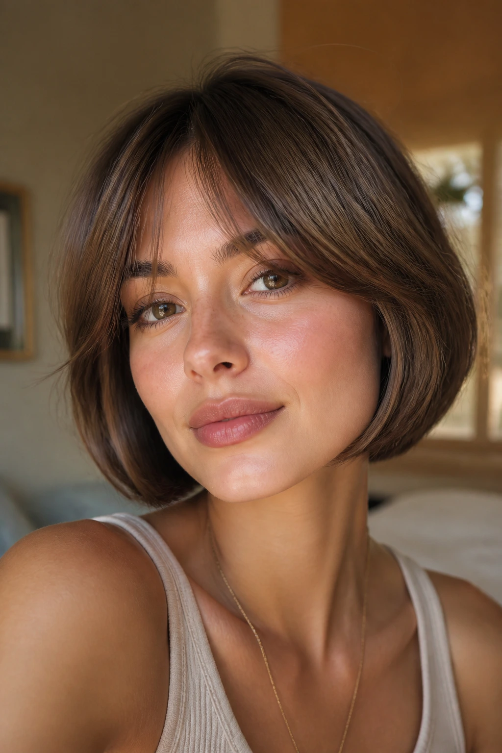 Woman with rounded chin-length bob and airy curtain bangs in a sunlit room