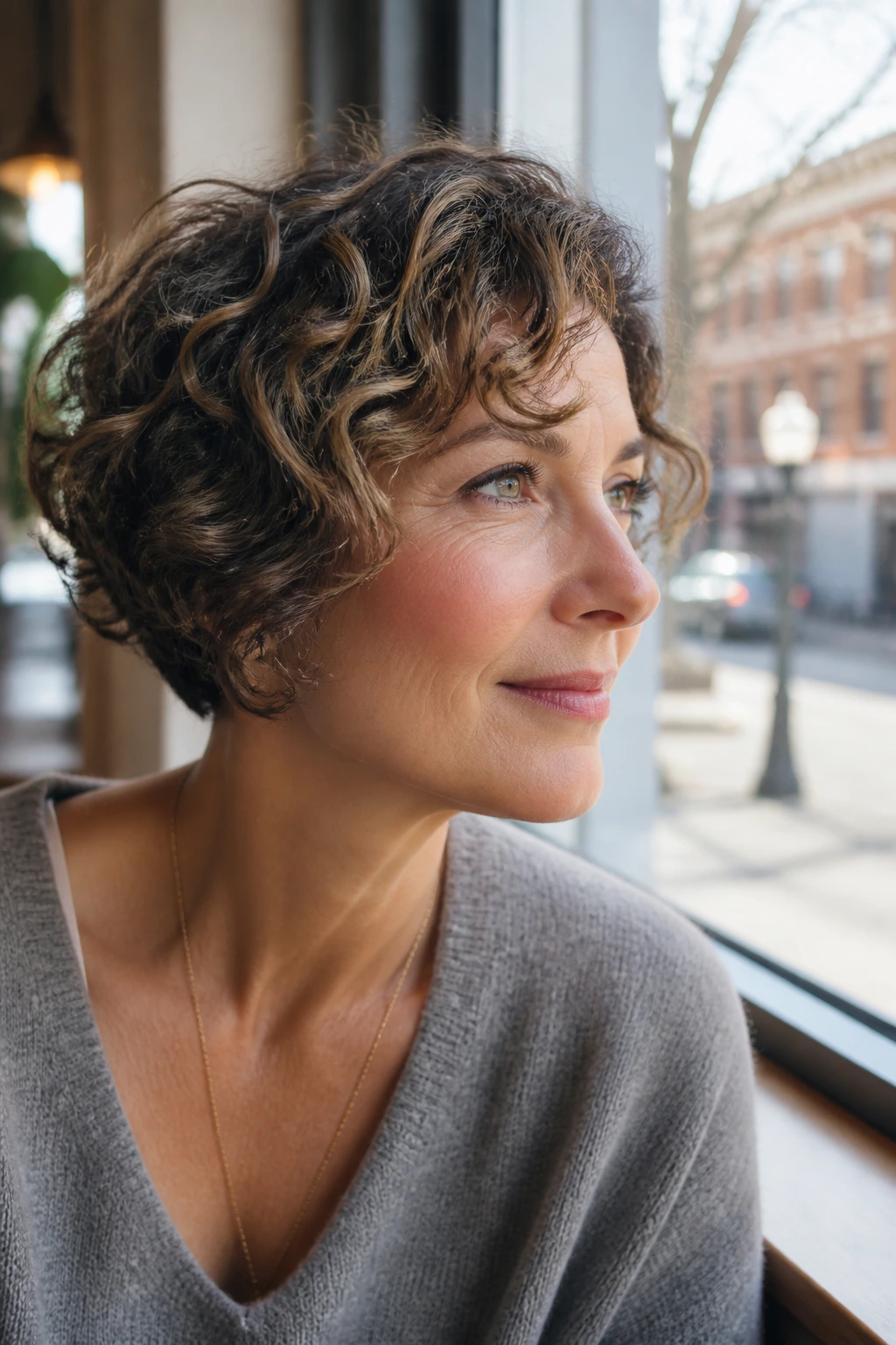 Real woman with rounded bob or bixie hairstyle in a bright cafe setting