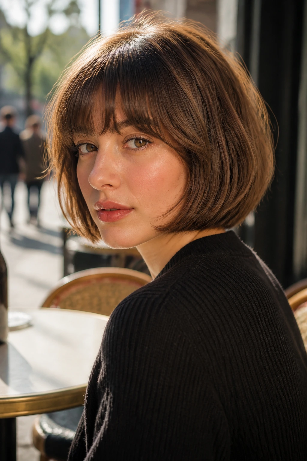 Real woman with brow-grazing bangs and rounded bob in outdoor golden hour light