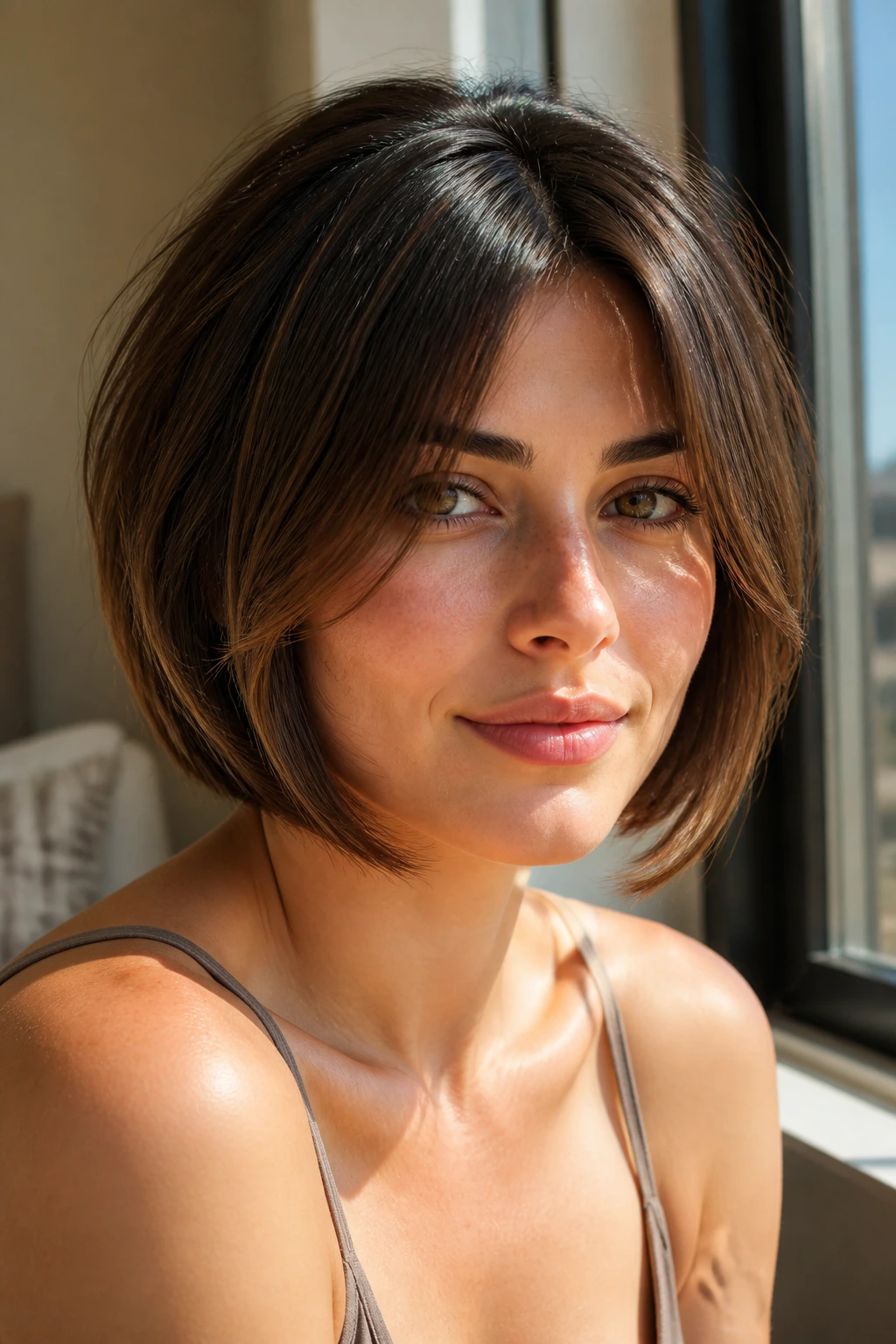 Real person wearing a rounded bob with cheekbone framing pieces