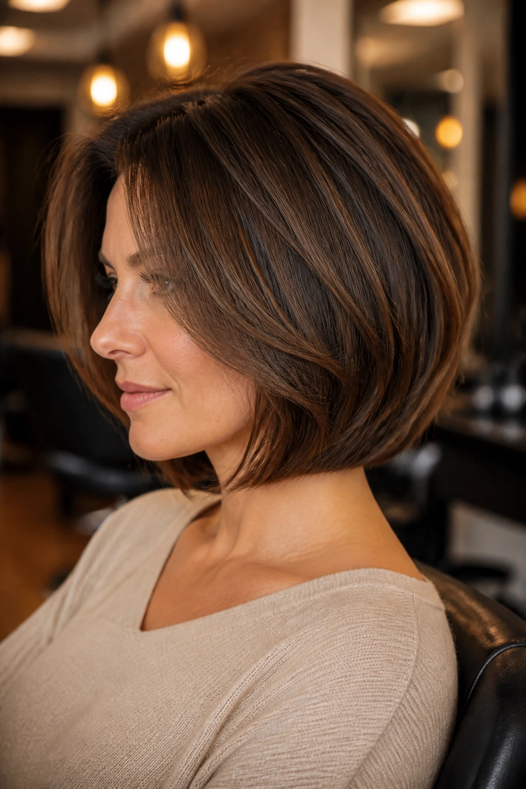 Close-up portrait of a real woman with rounded bob and crown lift
