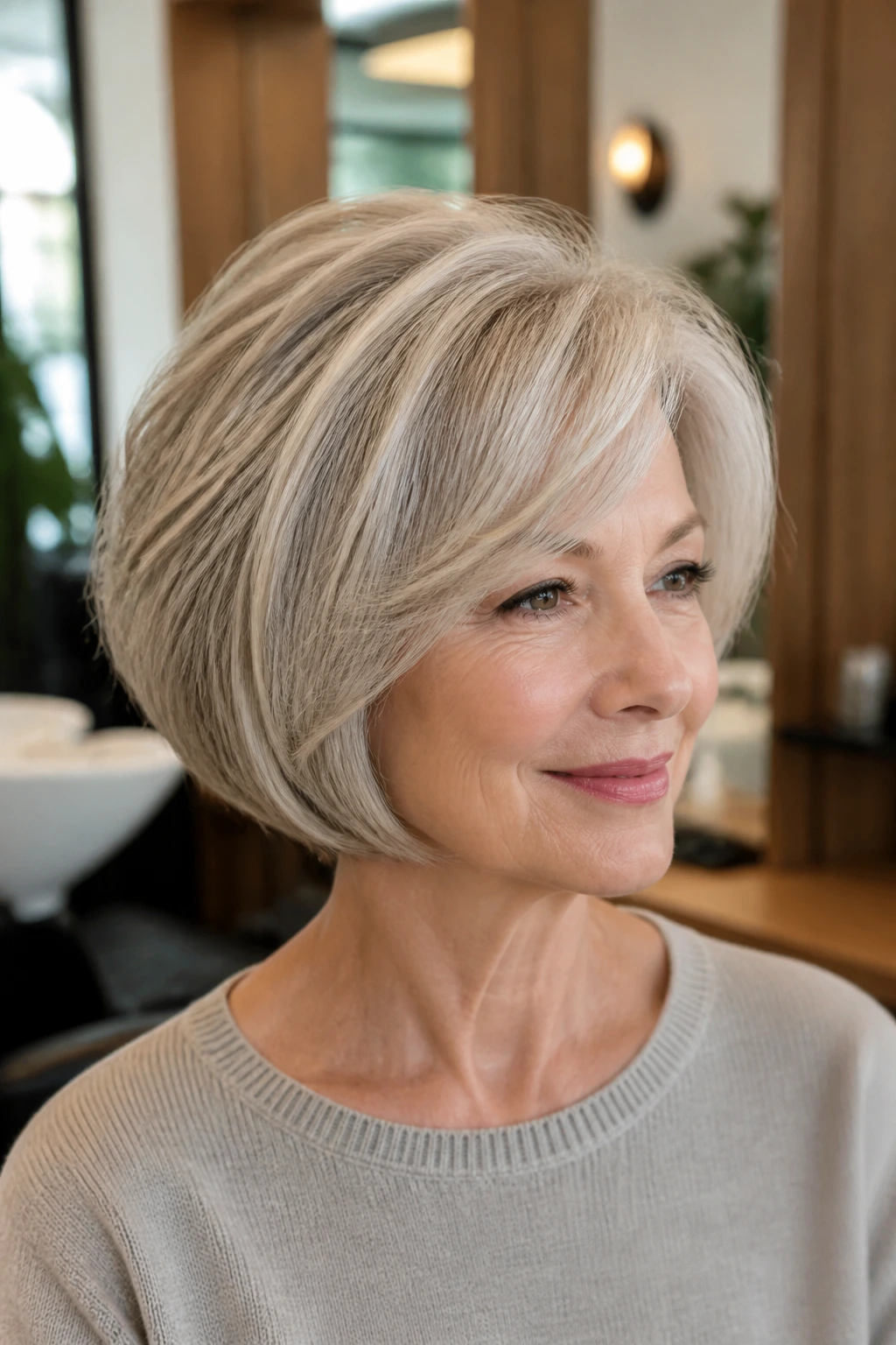 Portrait of a real woman with rounded bob and crown volume