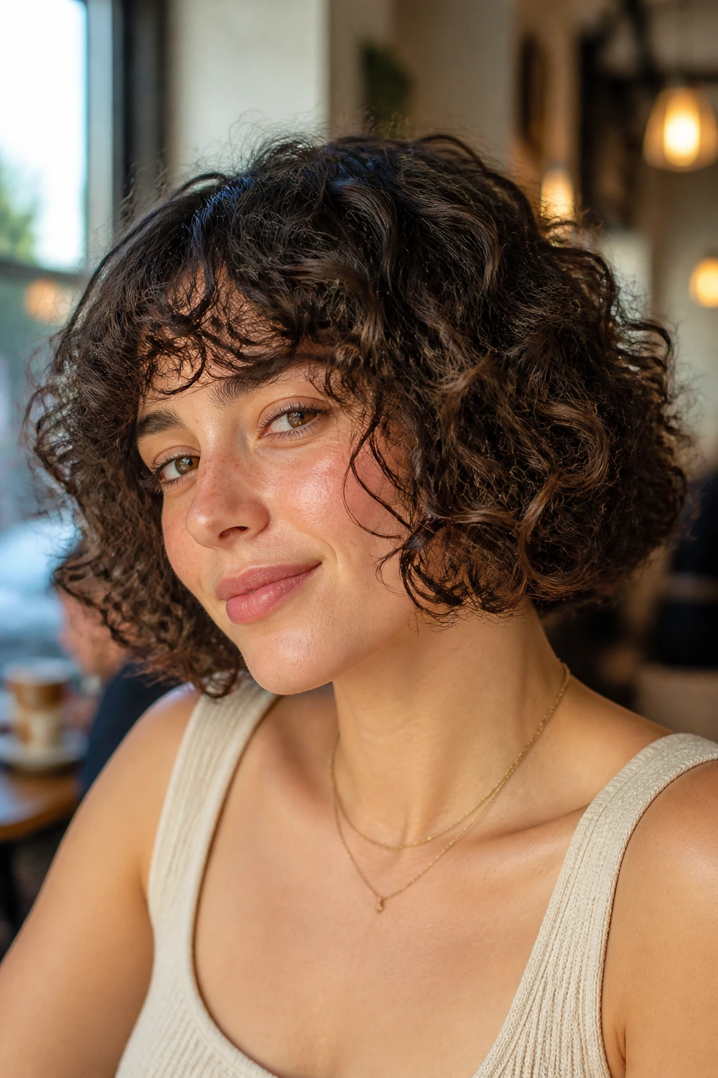 Close-up of a woman with a rounded chin-length curly bob