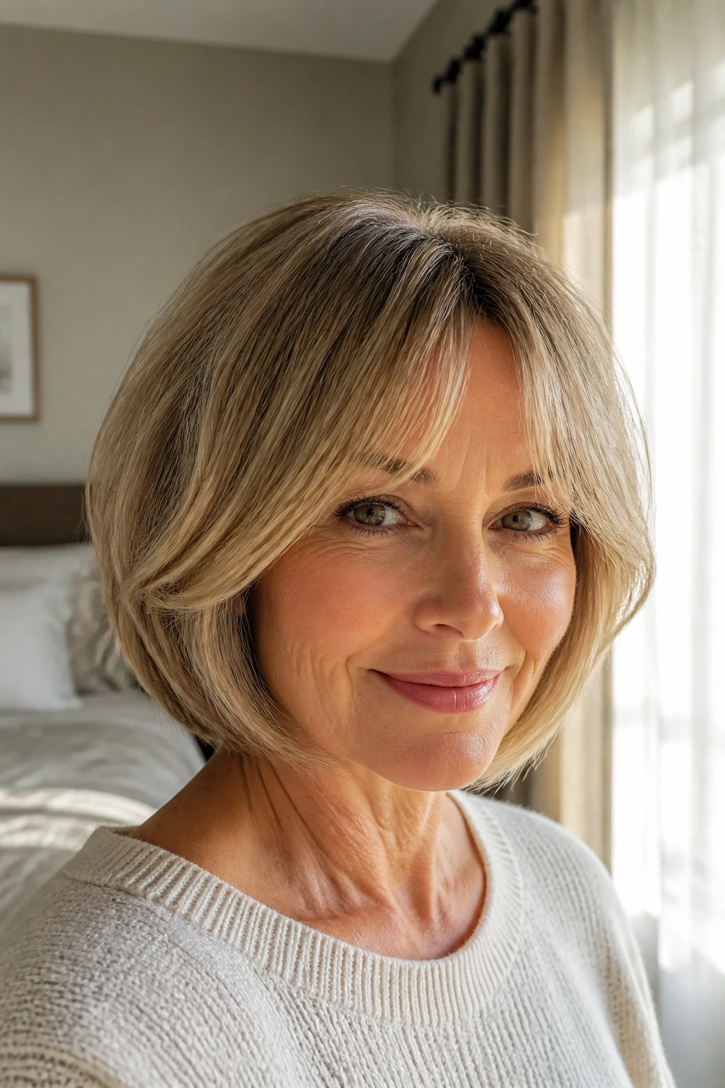 Close-up of rounded bob with curtain bangs on a real woman.