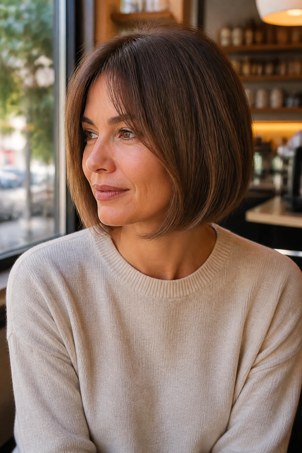 Real person with rounded bob and curved edge, portrait shot.