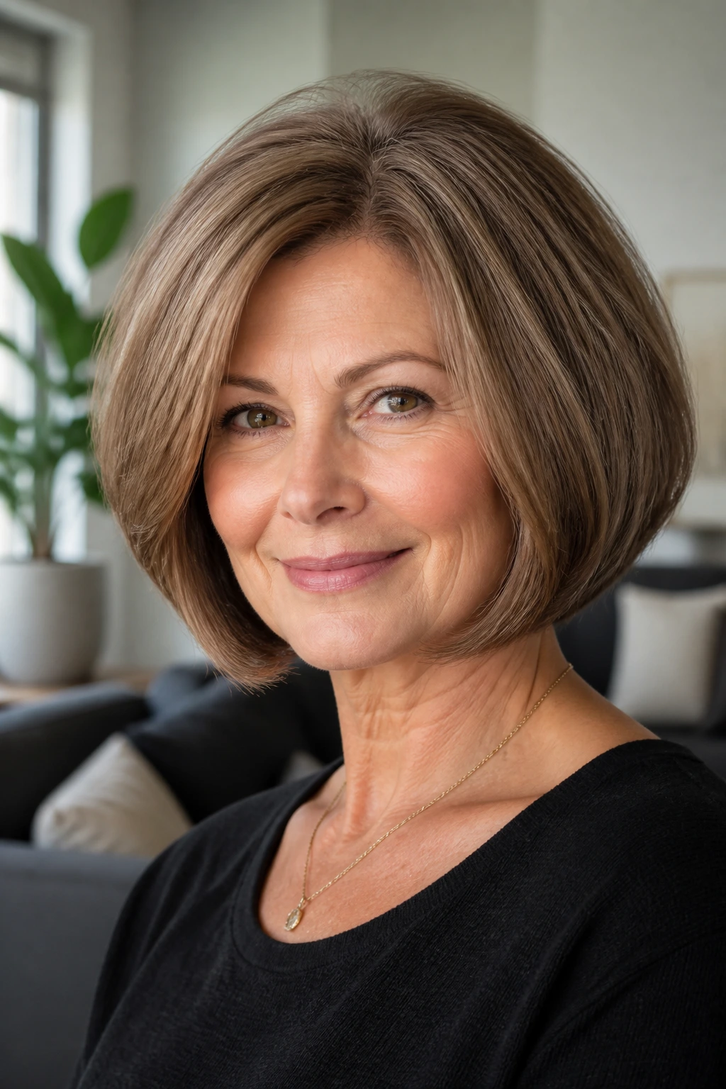 Close-up of a real woman with a rounded bob and curved under ends in a living room setting