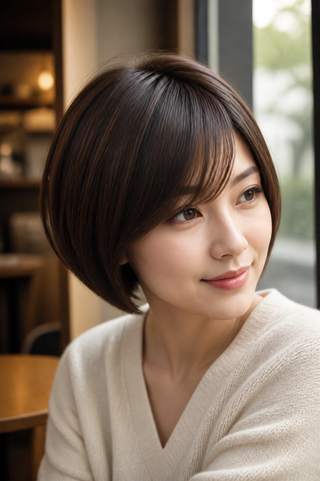 Close-up of a woman with a rounded bob and diagonal fringe in a cafe