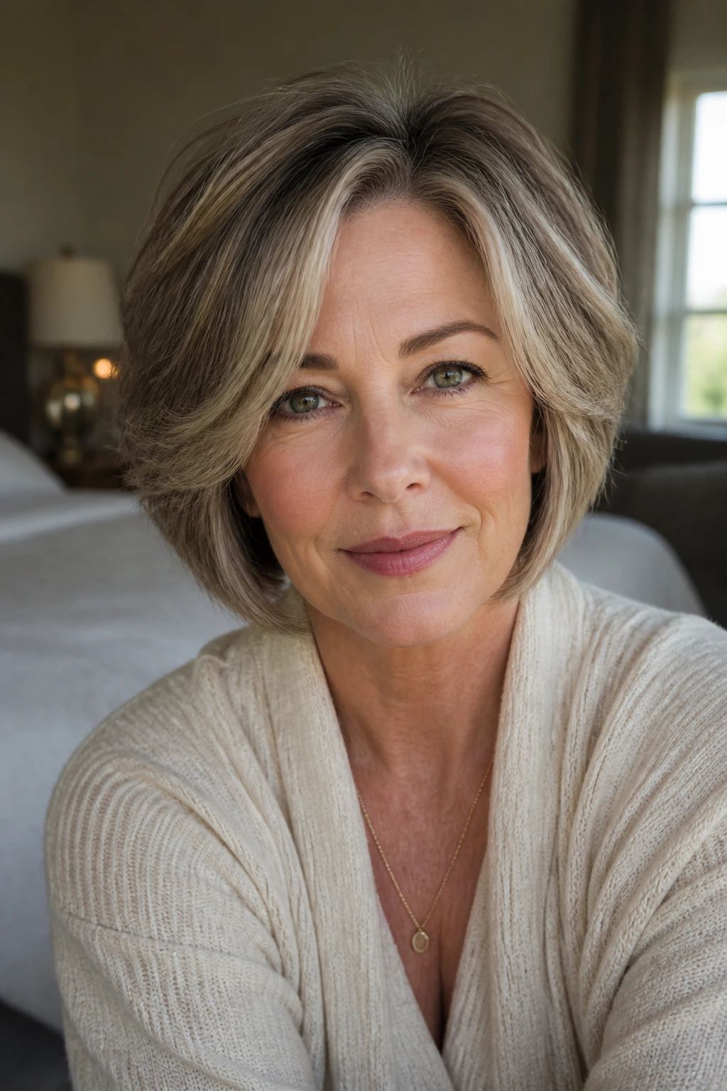 Close-up of a real woman wearing a rounded bob with face-framing layers and lighter front pieces.