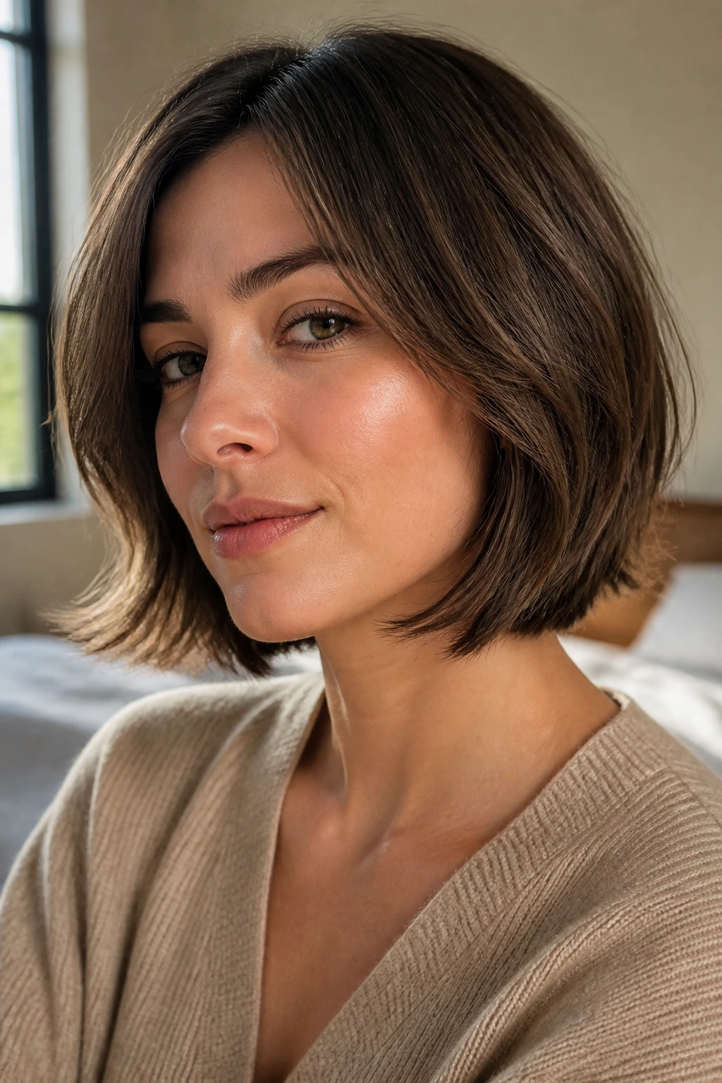 Close-up portrait of a real woman with rounded bob and feathered ends in natural window light