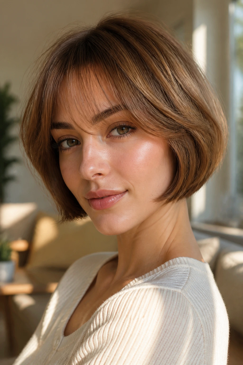 Portrait of a woman with rounded bob and feathered fringe in warm light