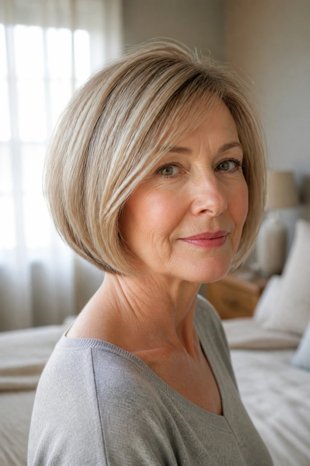 Portrait of a woman with a rounded bob that adds fullness to fine hair.