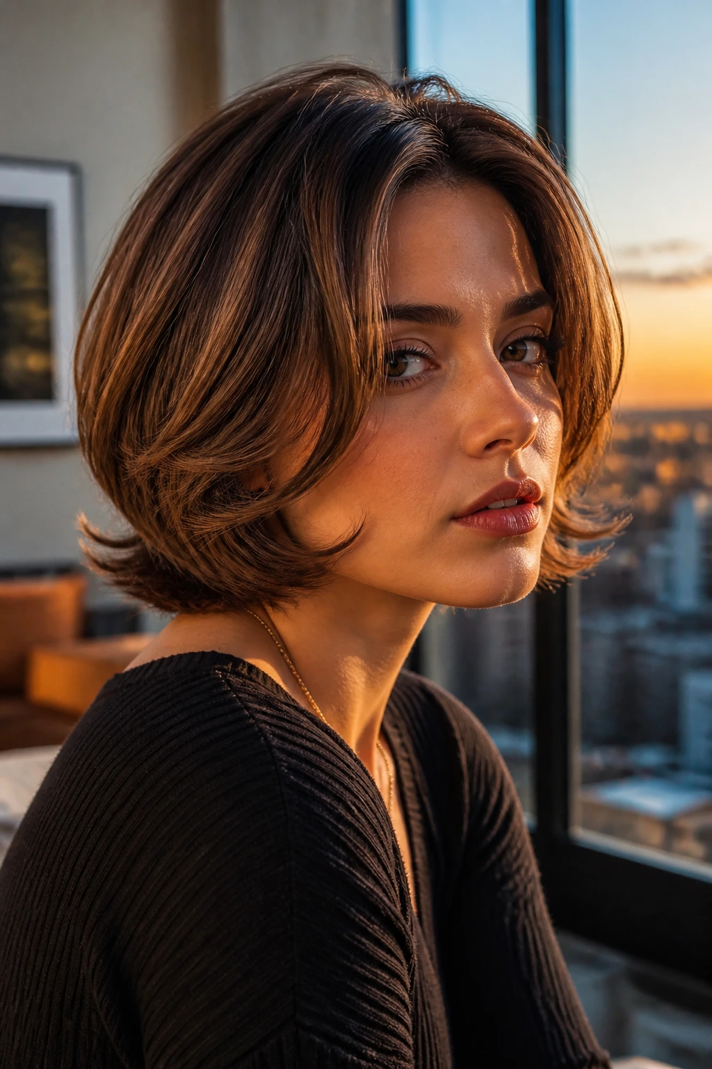 Close-up portrait of a person in a rounded bob with flipped pieces