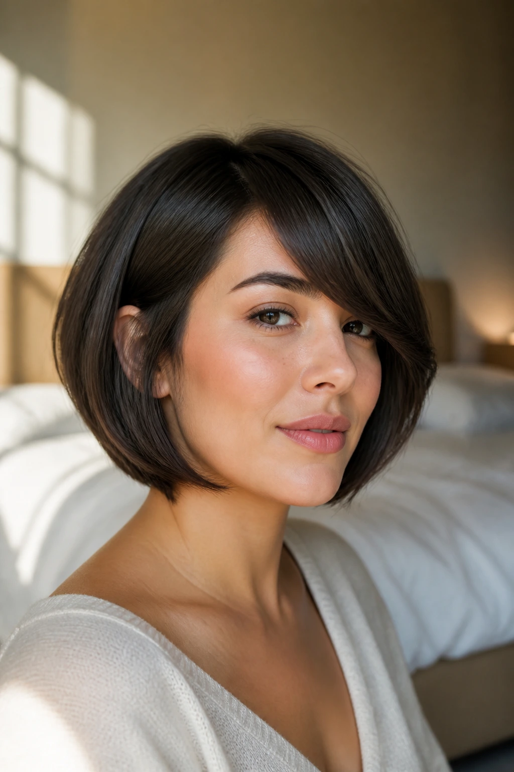 Close-up portrait of a woman with a jaw-length rounded bob and carved-out side fringe in warm window light