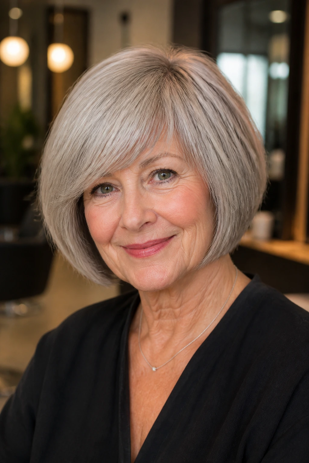 Portrait of a woman with a classic rounded bob and full side fringe