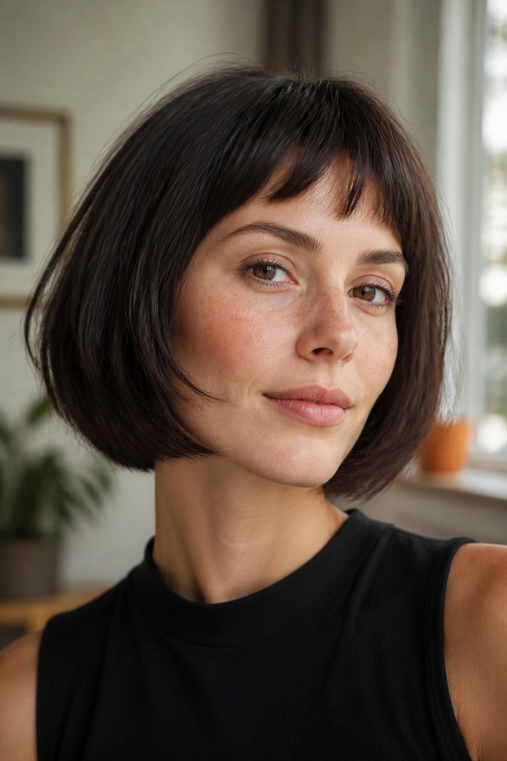 Rounded bob with arched razor fringe on a real person