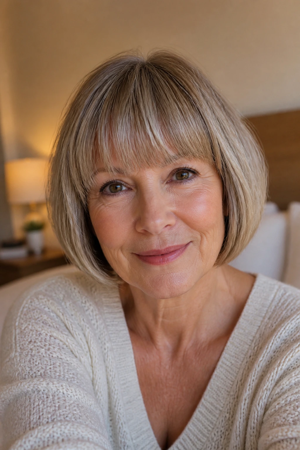 Close-up of woman with rounded bob and full fringe in soft window light