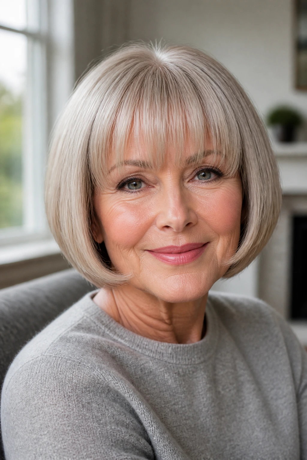 Close-up of an older woman with rounded bob and full bangs by a sunlit window.