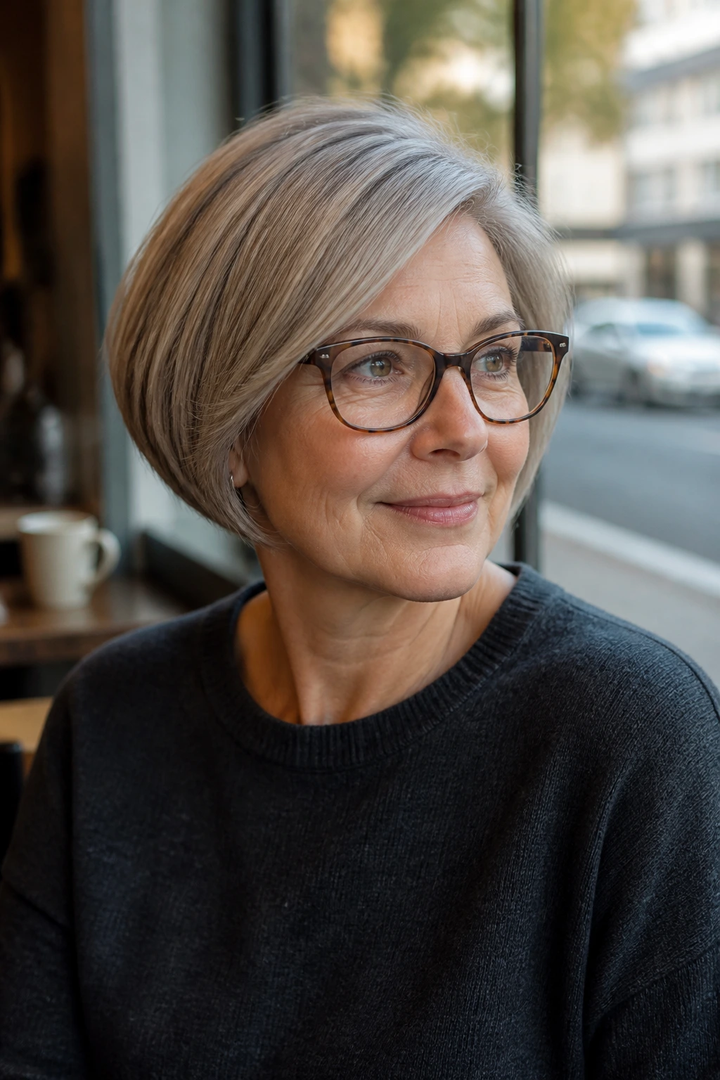 Real woman with a rounded bob wearing glasses; close-up in daylight at a cafe.