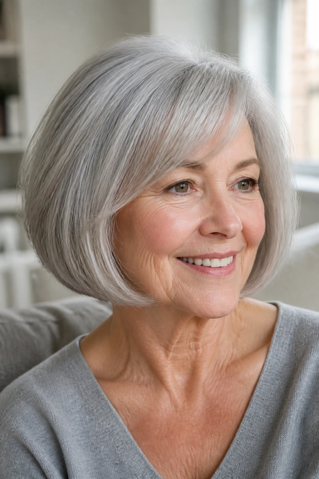 Close-up portrait of a real woman with a rounded bob for fine gray hair