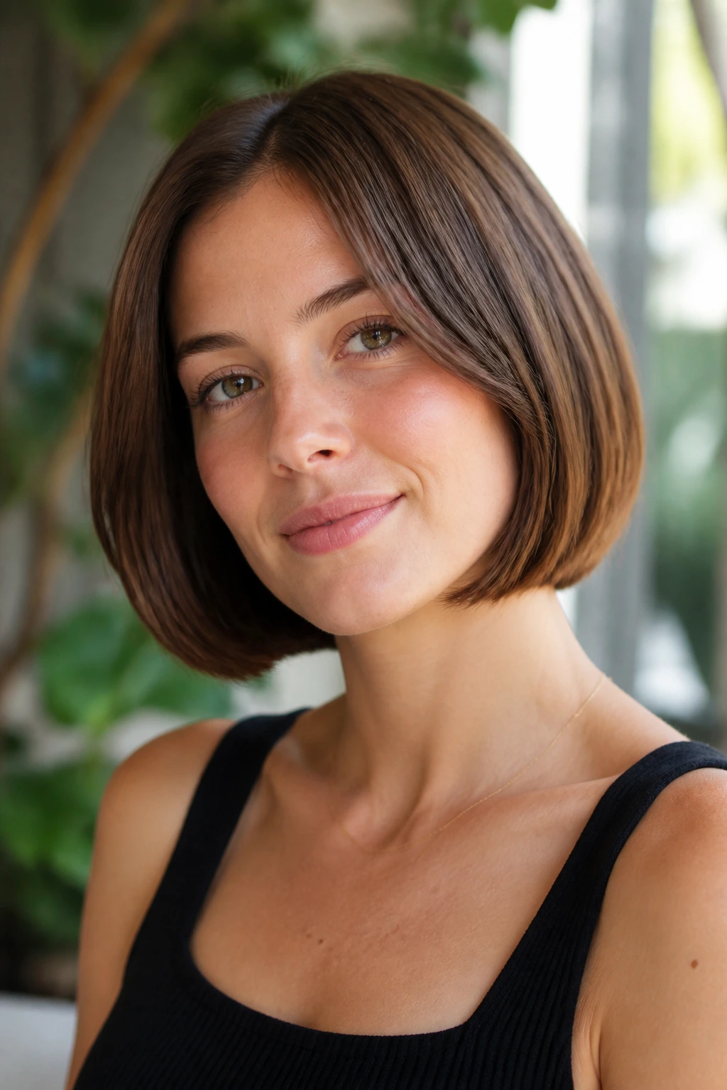 Close-up portrait of a woman with rounded bob haircut