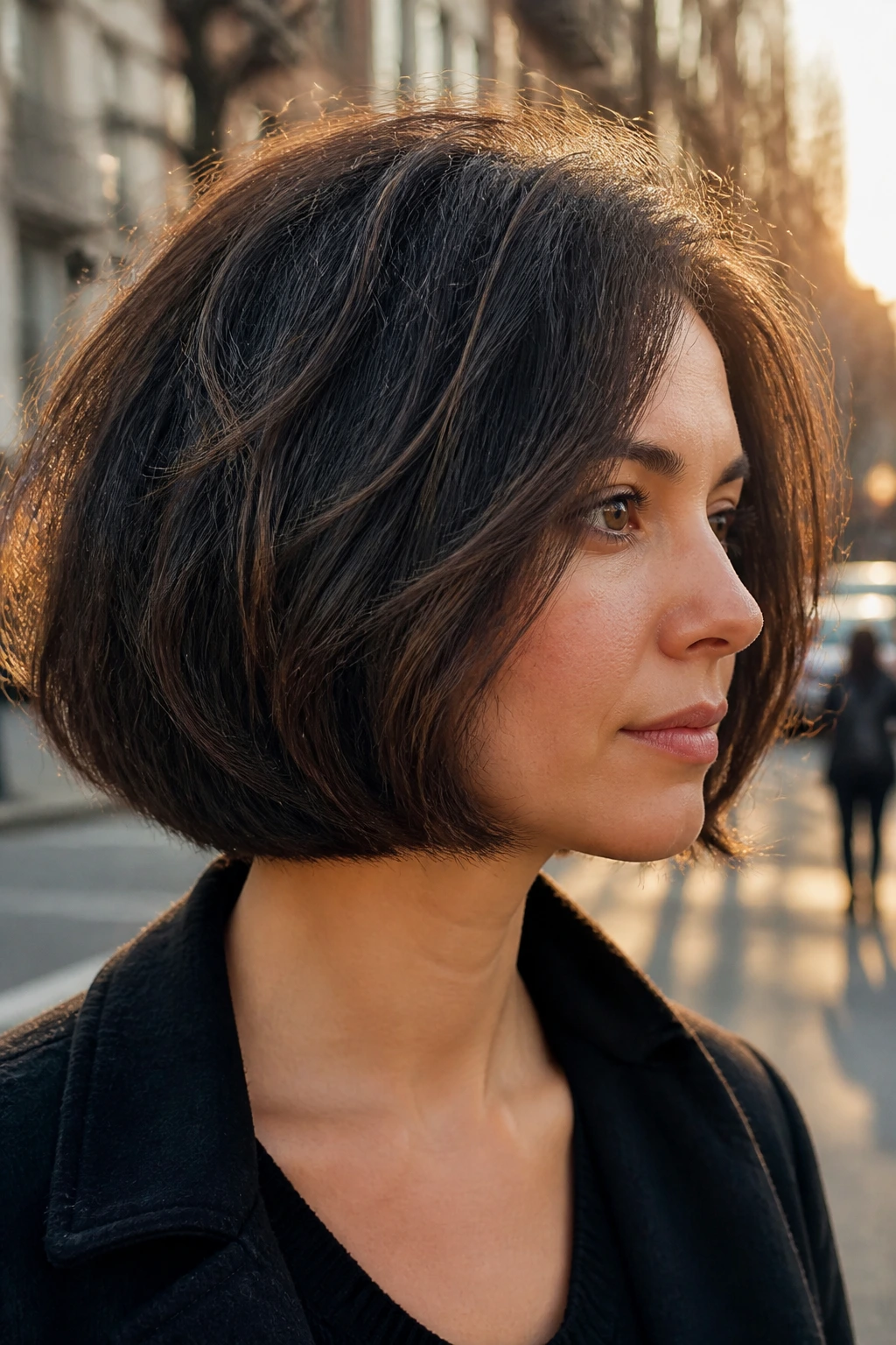 Close-up of a rounded bob on a real person, hair curved softly around the face with urban backdrop.