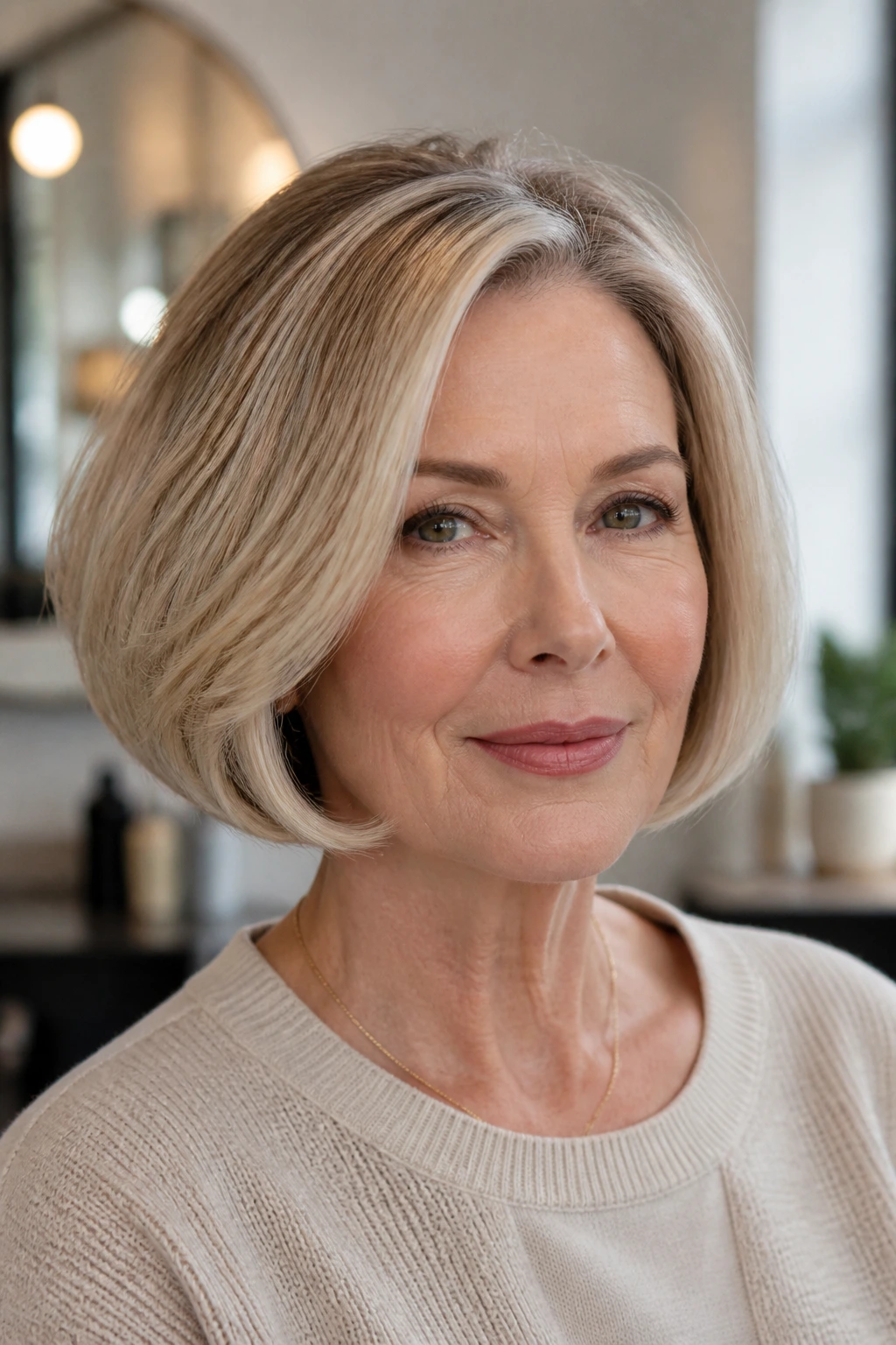 Portrait of a woman with a rounded blow-dry bob hairstyle