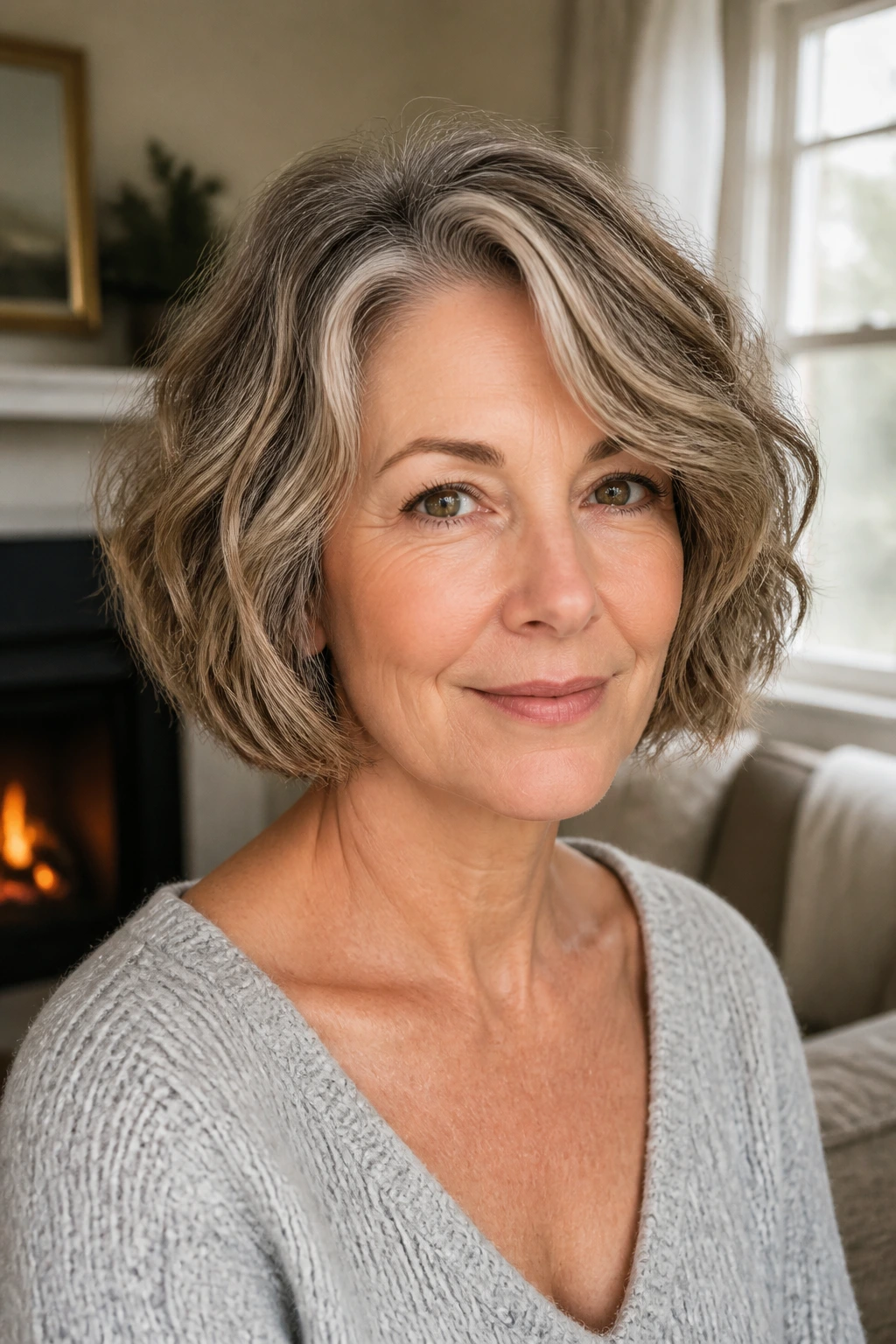 Close-up portrait of a real woman with a rounded bob and interior debulking