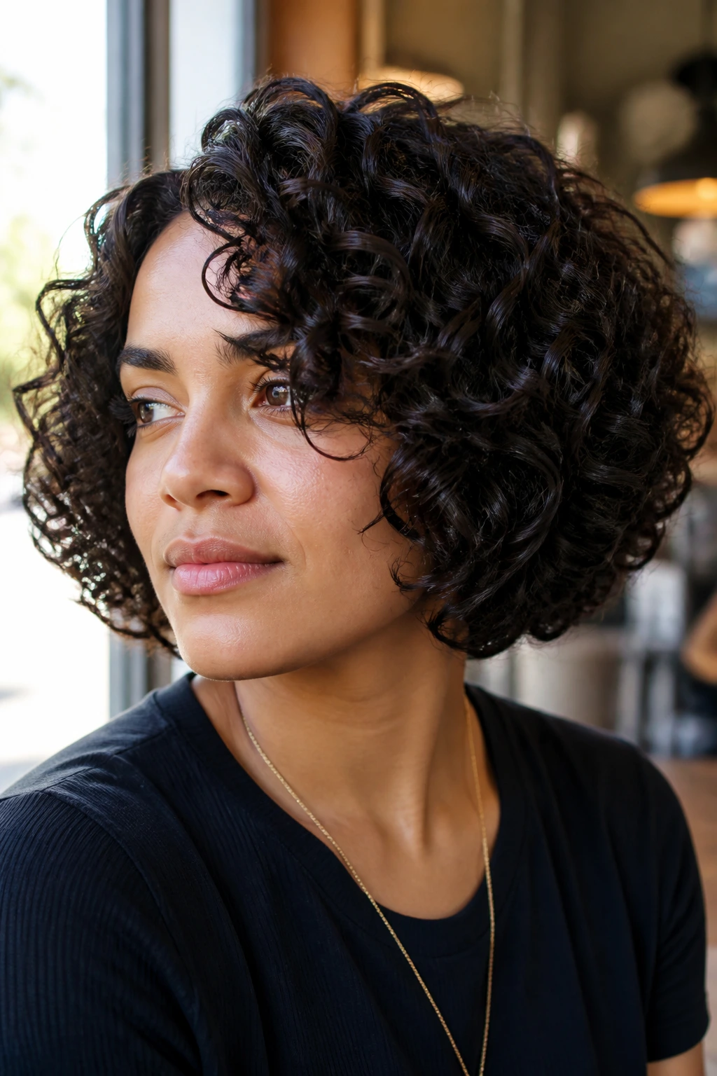 Close-up of a woman with Rounded Bob interior layers in natural daylight