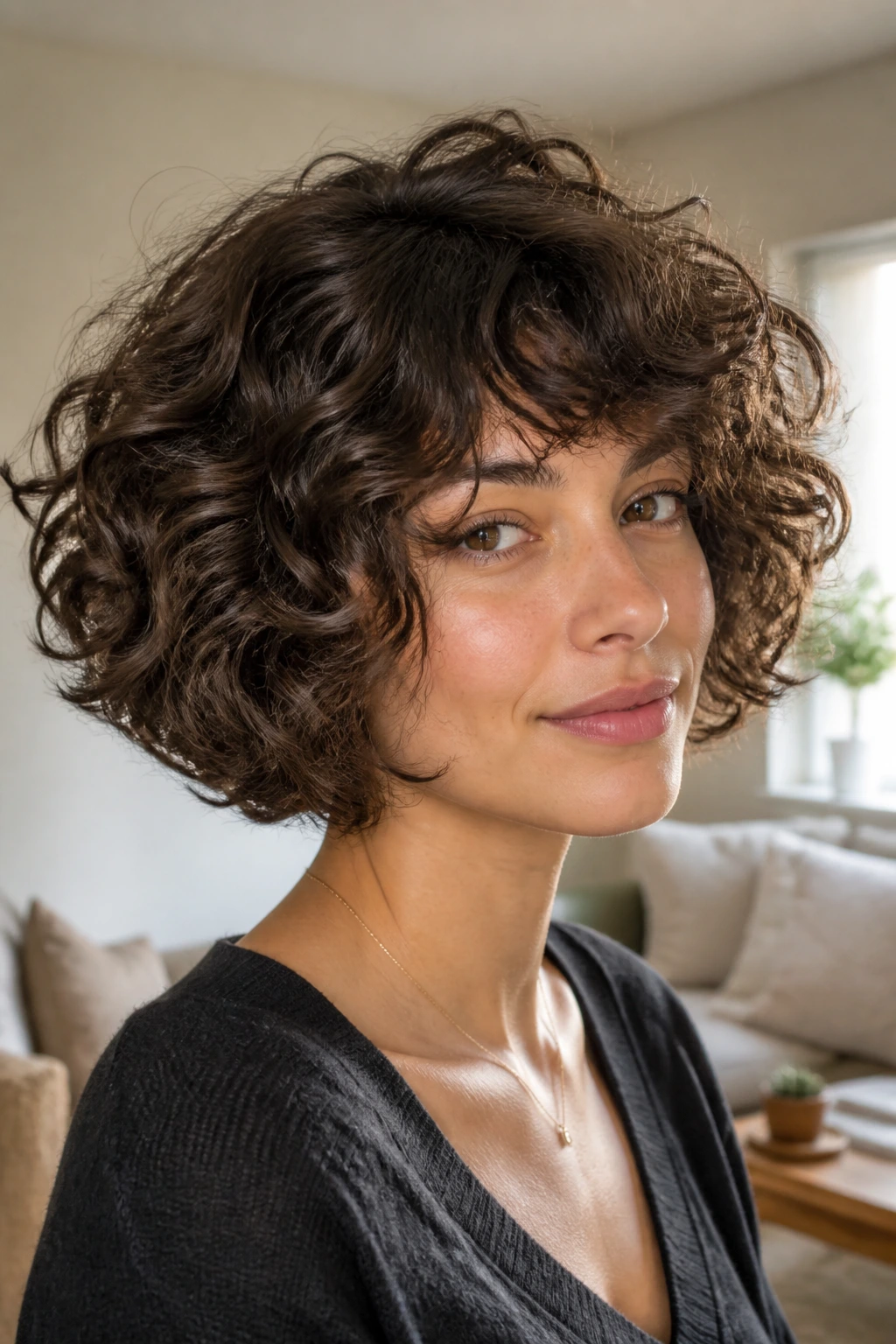 Real person with rounded bob and internal layers in natural daylight