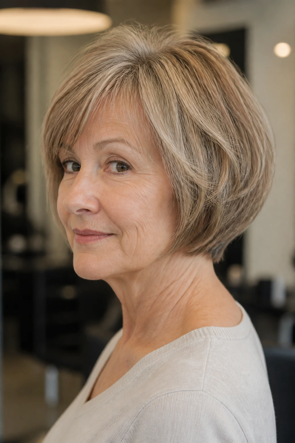 Close-up portrait of a real woman with rounded bob and internal layers in soft salon light